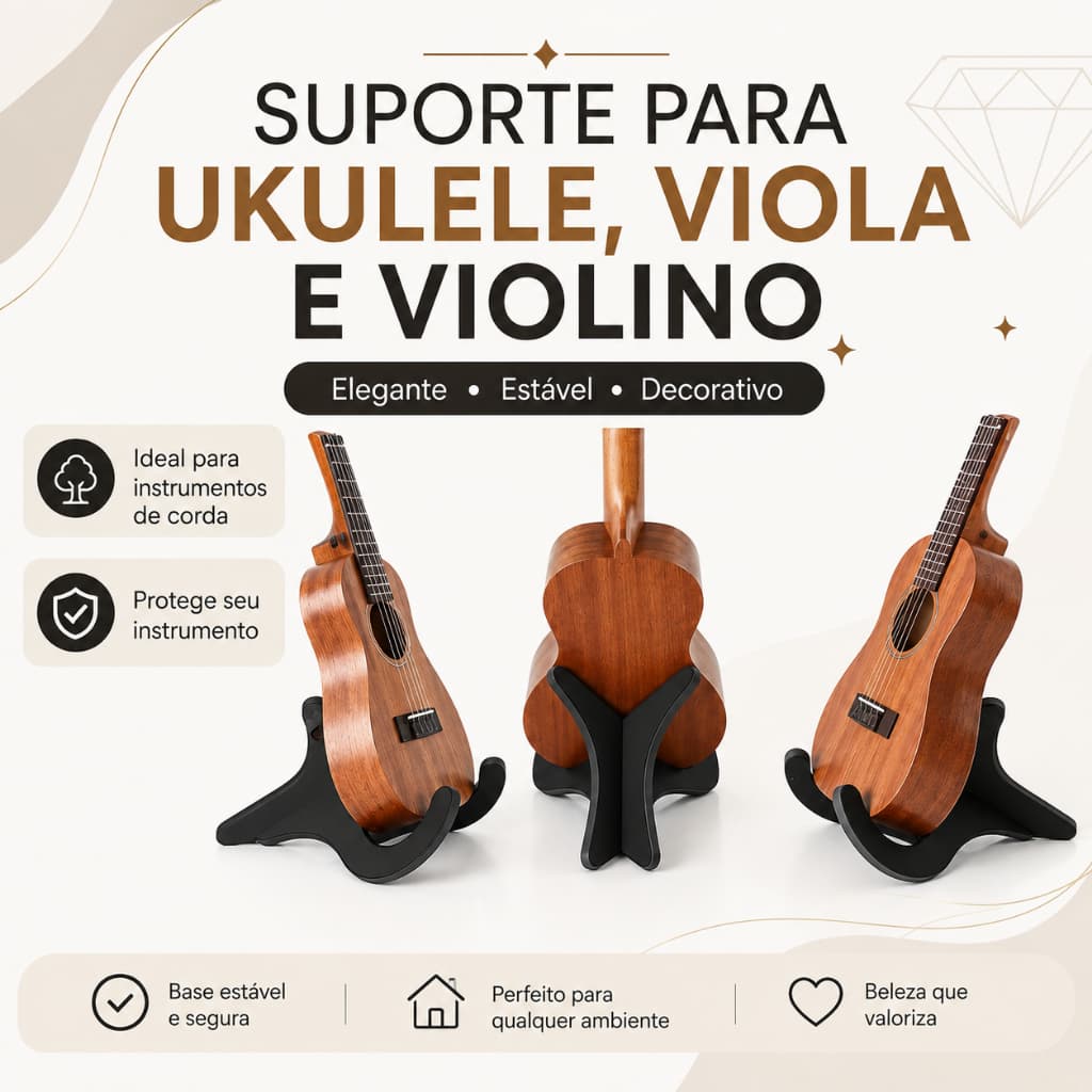 Suporte para Ukulele, Viola, Violino e cavaquinho – Base Estável e Decorativa