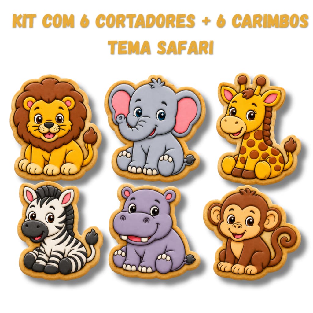 Kit 6 Cortadores de biscoito e marcadores Safari - Cookie, Pasta americana, Confeitaria