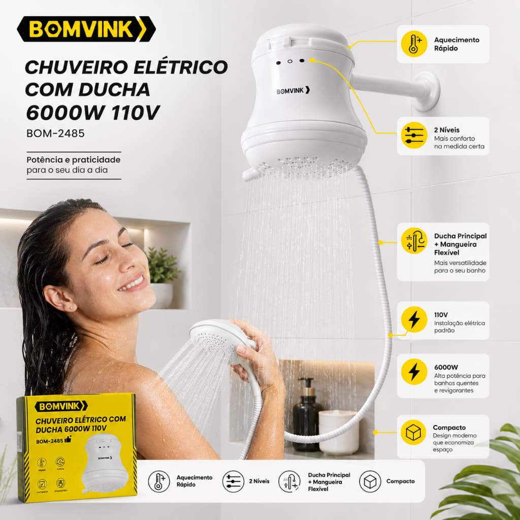 Chuveiro Elétrico 110V Bomvink 6000W Com Ducha Manual 2 Temperaturas Cor Branca