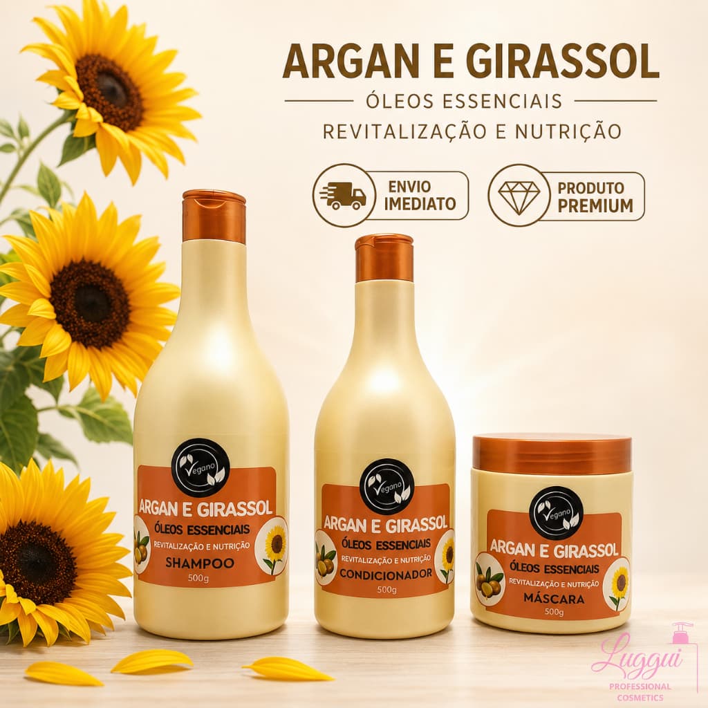 Kit 3X500 ML Óleos Essencias Argan e Girassol Maycrene Revitaliza e Nutri, Mais Vida e Brilho aos Cabelos