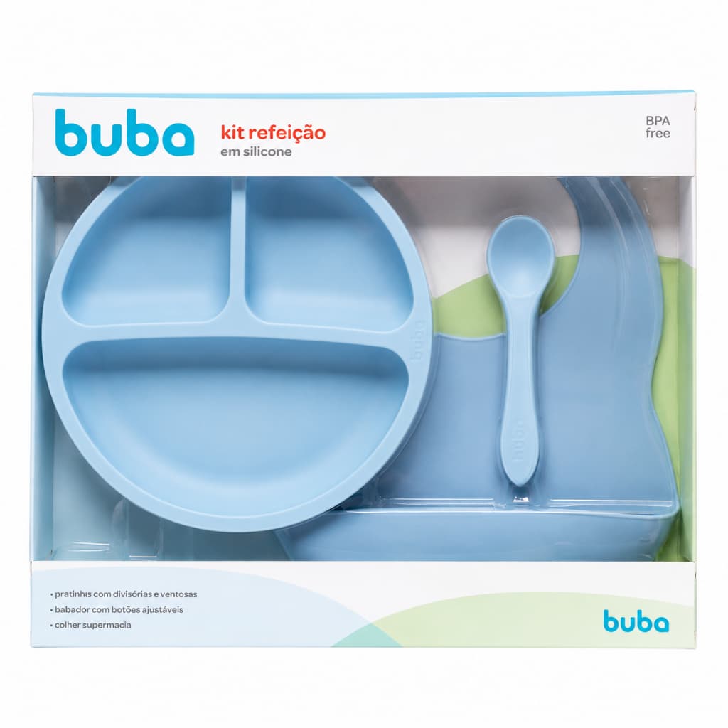 Kit Refeiçao Infantil Alimentação Com Prato Ventosa Babador Colher Silicone  Buba