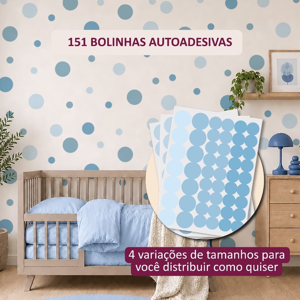 Adesivo de Parede Bolinhas 151 unidades, Bolinhas de Vários Tamanhos, Decoração de Quarto Azul