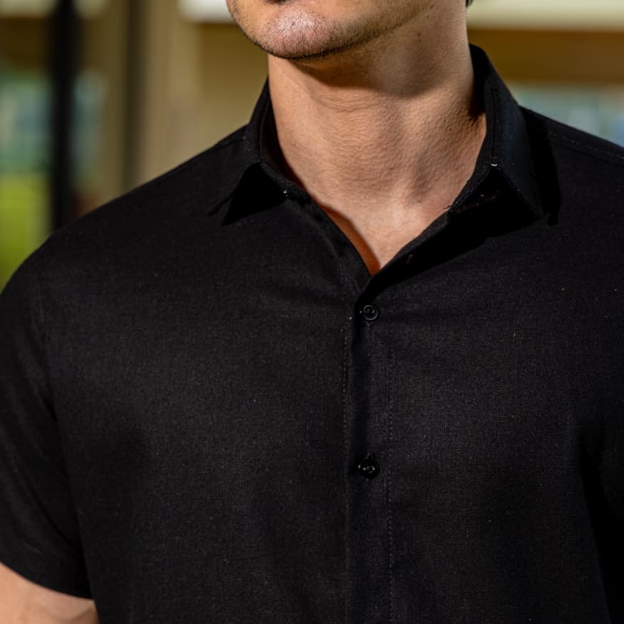 Camisa Social Masculina Manga Curta Linho Misto Regular Fit Festa