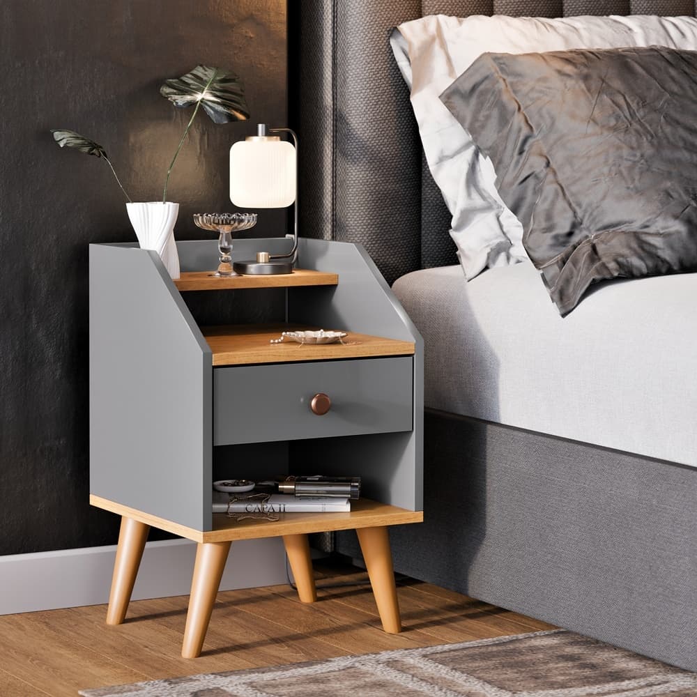 Mesa De Cabeceira 1 Gaveta Nicho Prateleiras Mini Cômoda Criado Dakota