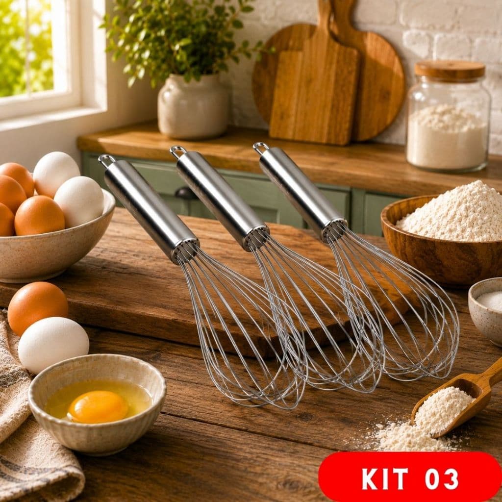 Kit 3 Batedor de Ovos Massas Bolos Fuet Fue Profissional Aço Inox Misturador Grande e Resistente