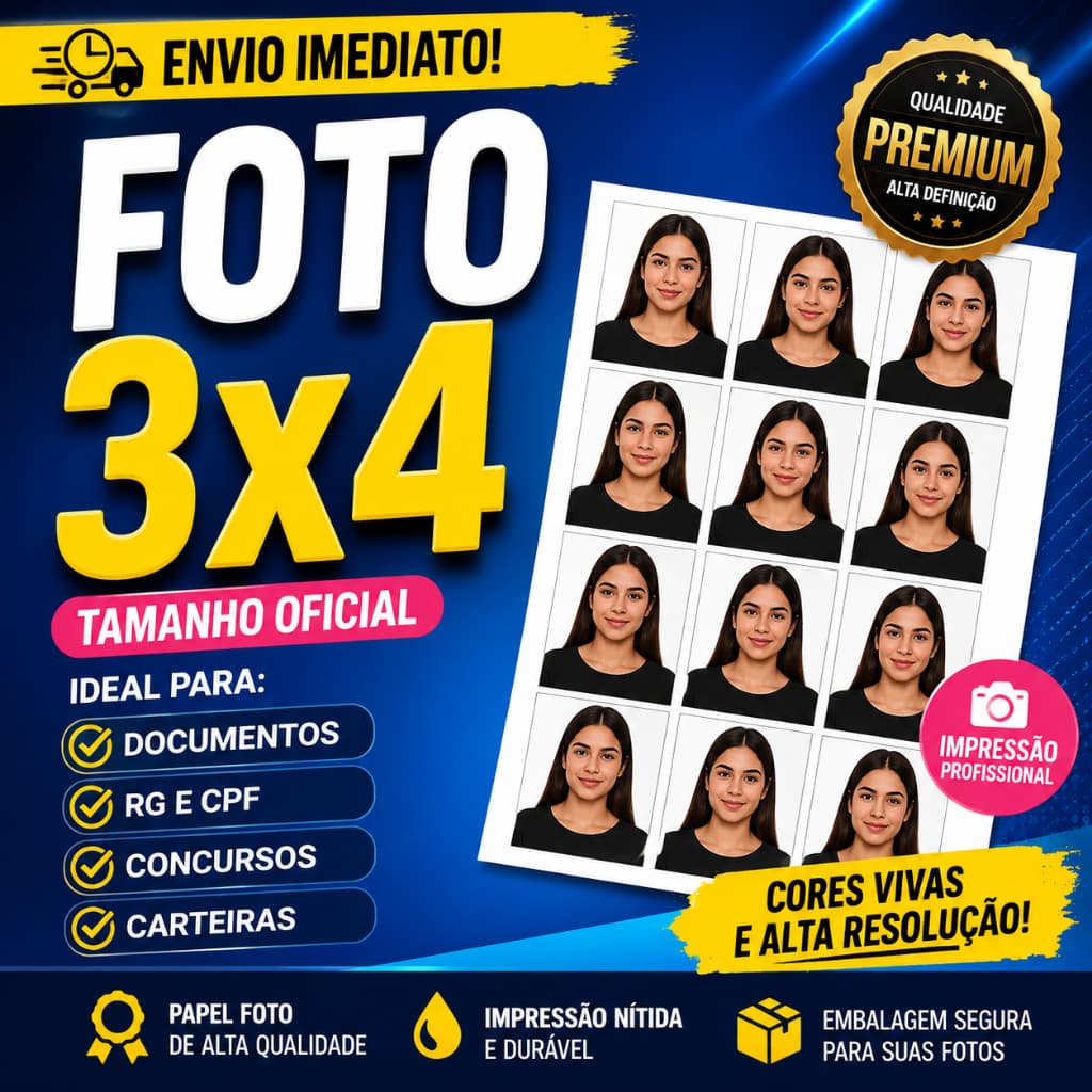 📸 Foto 3x4 para Documentos | Impressão Premium em Papel Fotográfico | RG CNH Passaporte Concurso | Envio Rápido