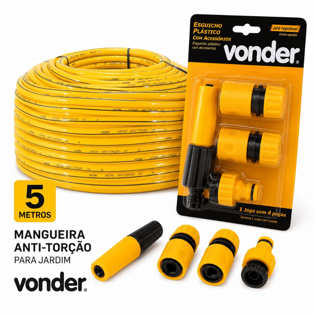 Kit Mangueira Jardim 5m Antitorção + Esguicho Plastico + acessorios Vonder