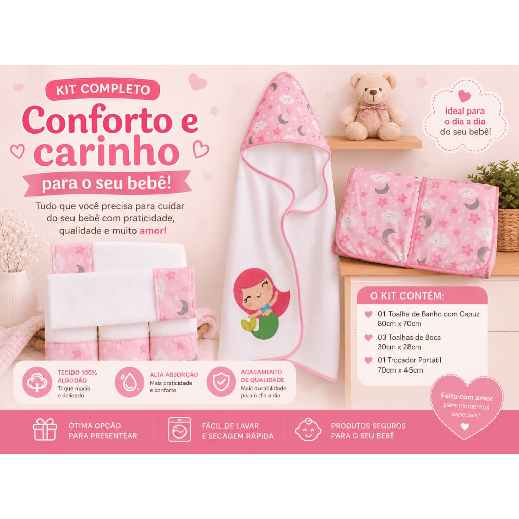 Kit Toalha Capuz Forrada c/ Fralda + 5 Toalhas de Ombro + Trocador | Envio Imediato