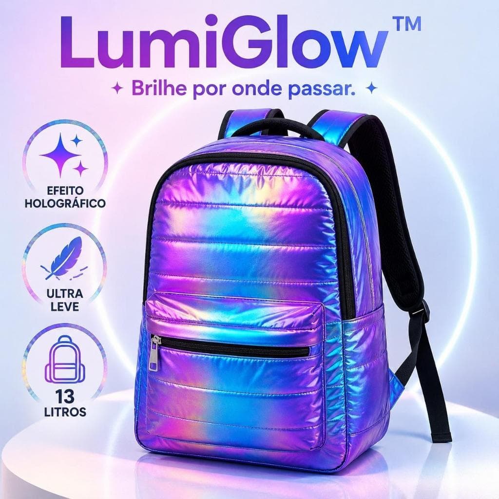 Mochila Holográfica Feminina Metalizada 13L Escolar Casual Poliéster Brilho Iridescente LumiGlow