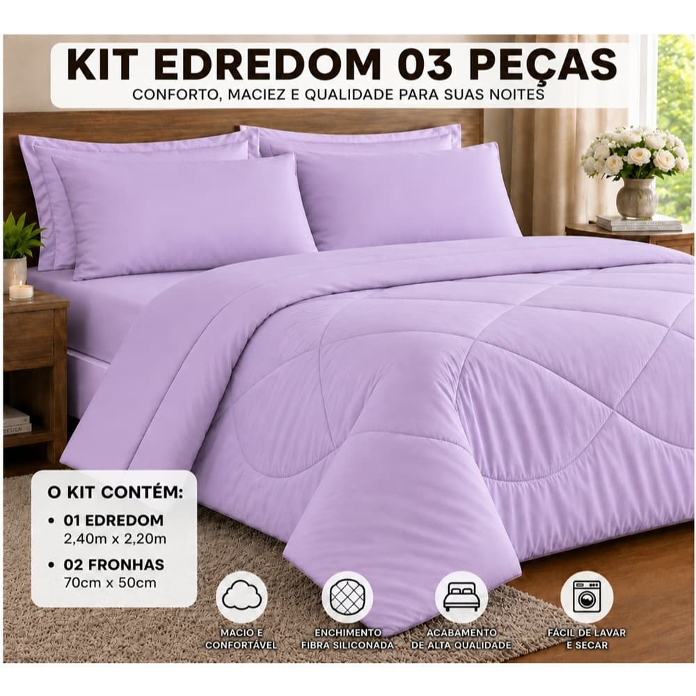 KIT 03 PEÇAS EDREDOM CASAL QUEEN DUPLA FACE + 2 FRONHAS TOQUE MACIO PROMOÇÃO ! ( LILÁS )