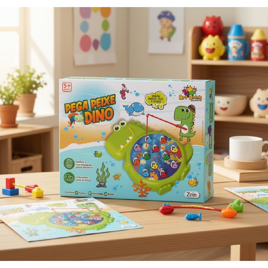 Pega Peixe Dino 12 Peixes 🦖 -  Art Brink – Diversão Garantida! 🎣 Jogo de pescaria 12 Peixes Brinquedo Infantil