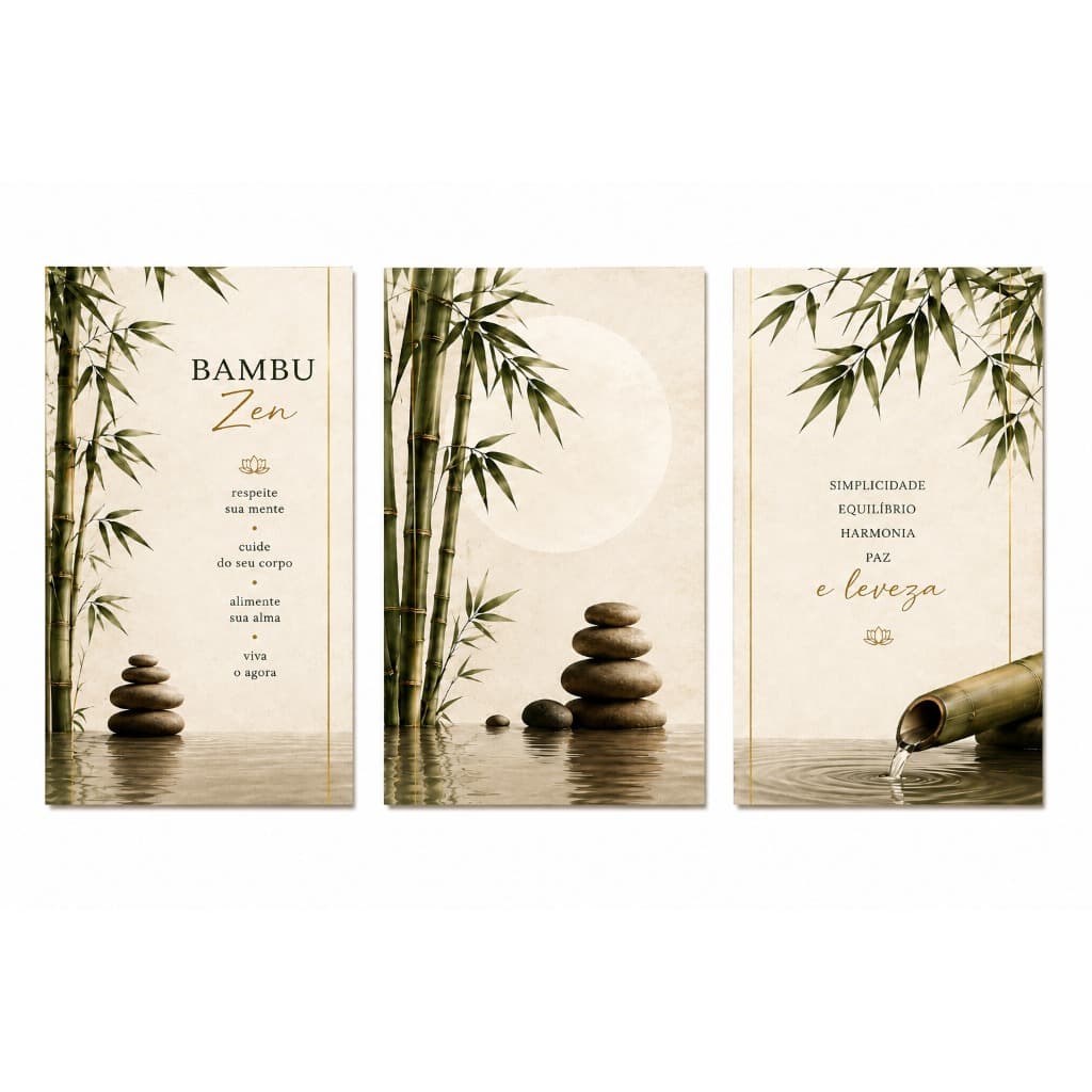 Quadro Decorativo Kit 3 Peças Bambu Feng Shui Zen Bem-Estar Clínica Estética