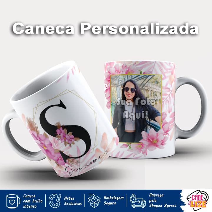 Caneca Porcelana Personalizada com Nome, Foto e Inicial (Primeira Letra) - Presente Criativo para Aniversário, Namorados