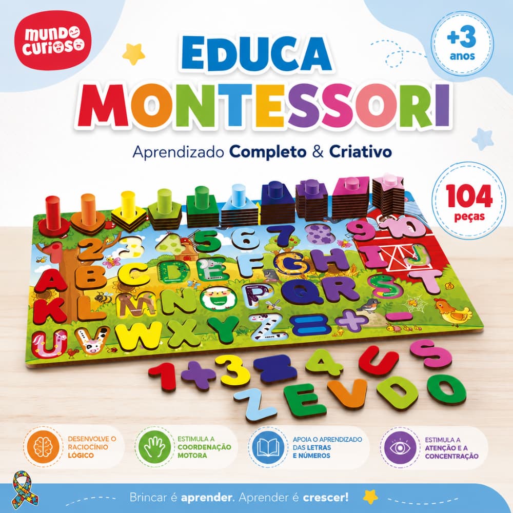 BRINQUEDO EDUCATIVO EDUCA MONTESSORI GGB 104 PEÇAS EM MADEIRA | ALFABETO, NÚMEROS, FORMAS E CORES