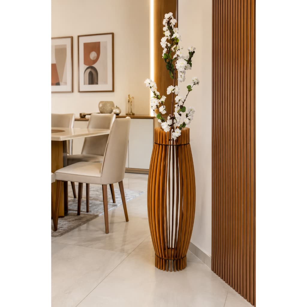 Vaso de Chão Decorativo Grande Obelisco MDF 87cm com Pessegueira Artificial e Buquê Decoração Sala, Hall, Jardim Varanda
