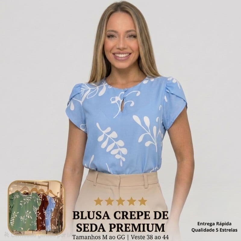 Blusa Feminina Crepe De Seda Premium Moda Evangélica Manga Princesa Puff Elegante Estampada Folhas Cristã Social Botão