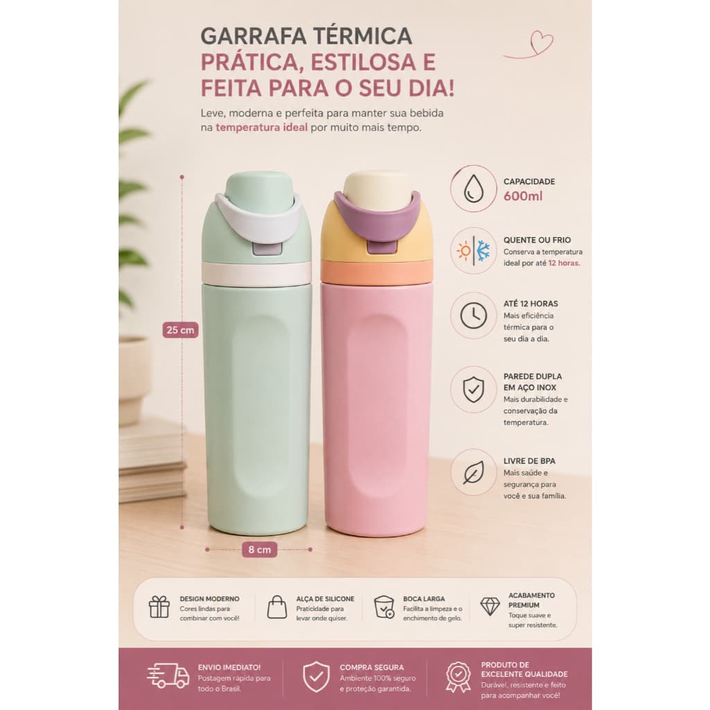 Garrafa Termica 600ml para Academia, Escola  Escritorio, Bebidas Geladas e quentes por ate 12horas