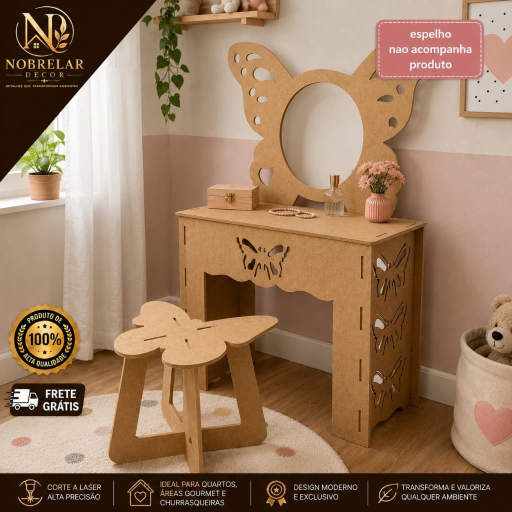 Penteadeira Borboleta Infantil Presente Dia das Crianças MDF Quarto Menina Decorativa Laser MDF Cru