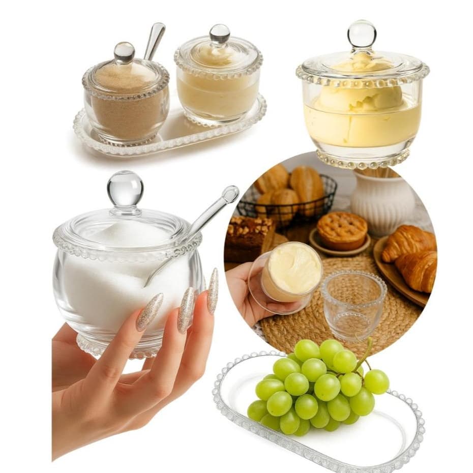 Kit Açucareiro Manteigueira e Bandeja Travessa Cristal Pearl Wolff Porta Manteiga Açúcar Bolinhas Mesa Posta Café