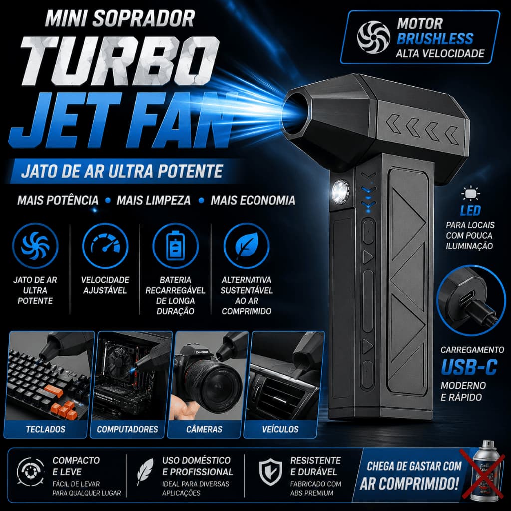 Mini Soprador Turbo Jet Fan Recarregável USB-C Poderosa Velocidade Limpeza Interiores Automotivos PC Teclado  Duster LED