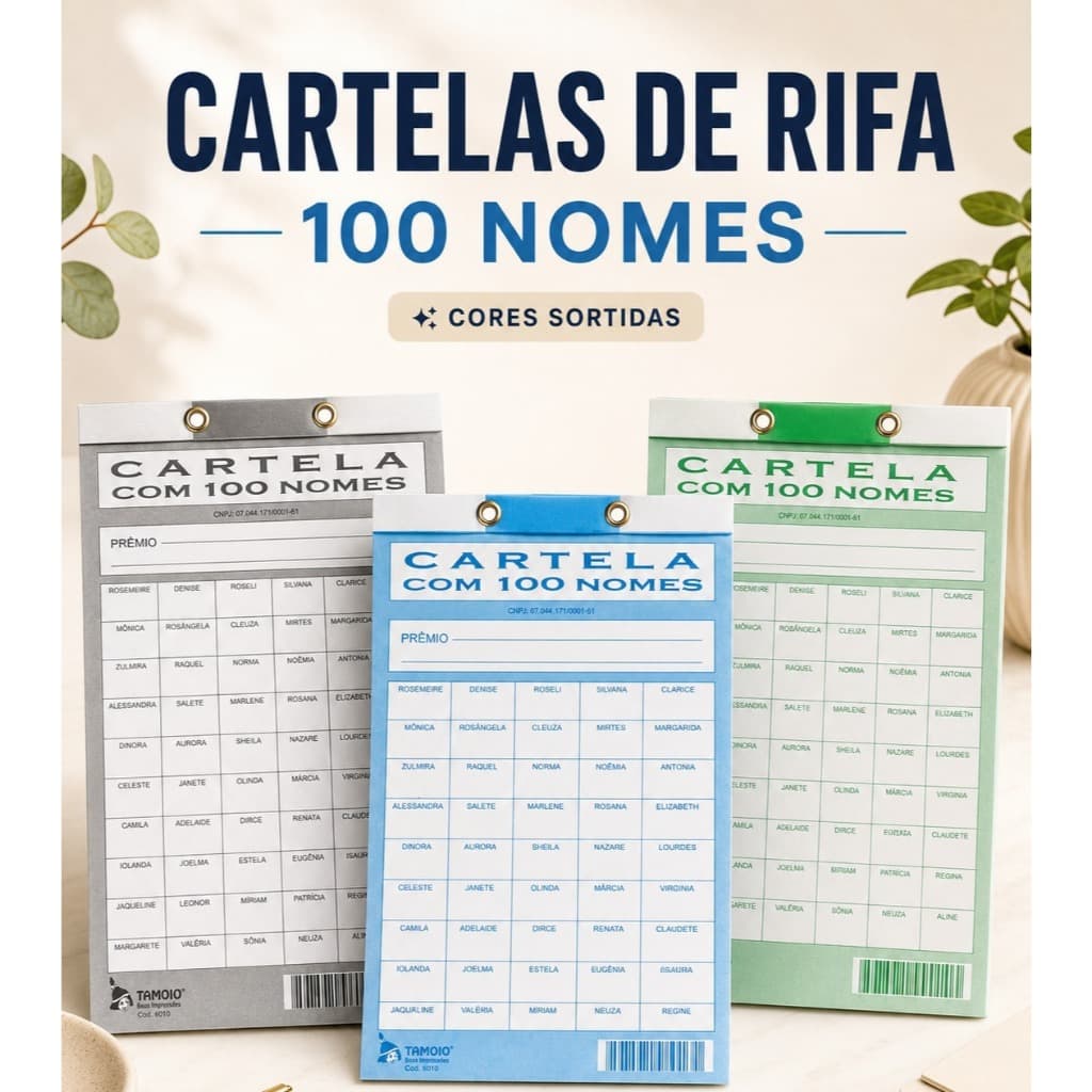 Kit com 3 Cartelas de Rifa 10, 15, 25 e de 100 nomes