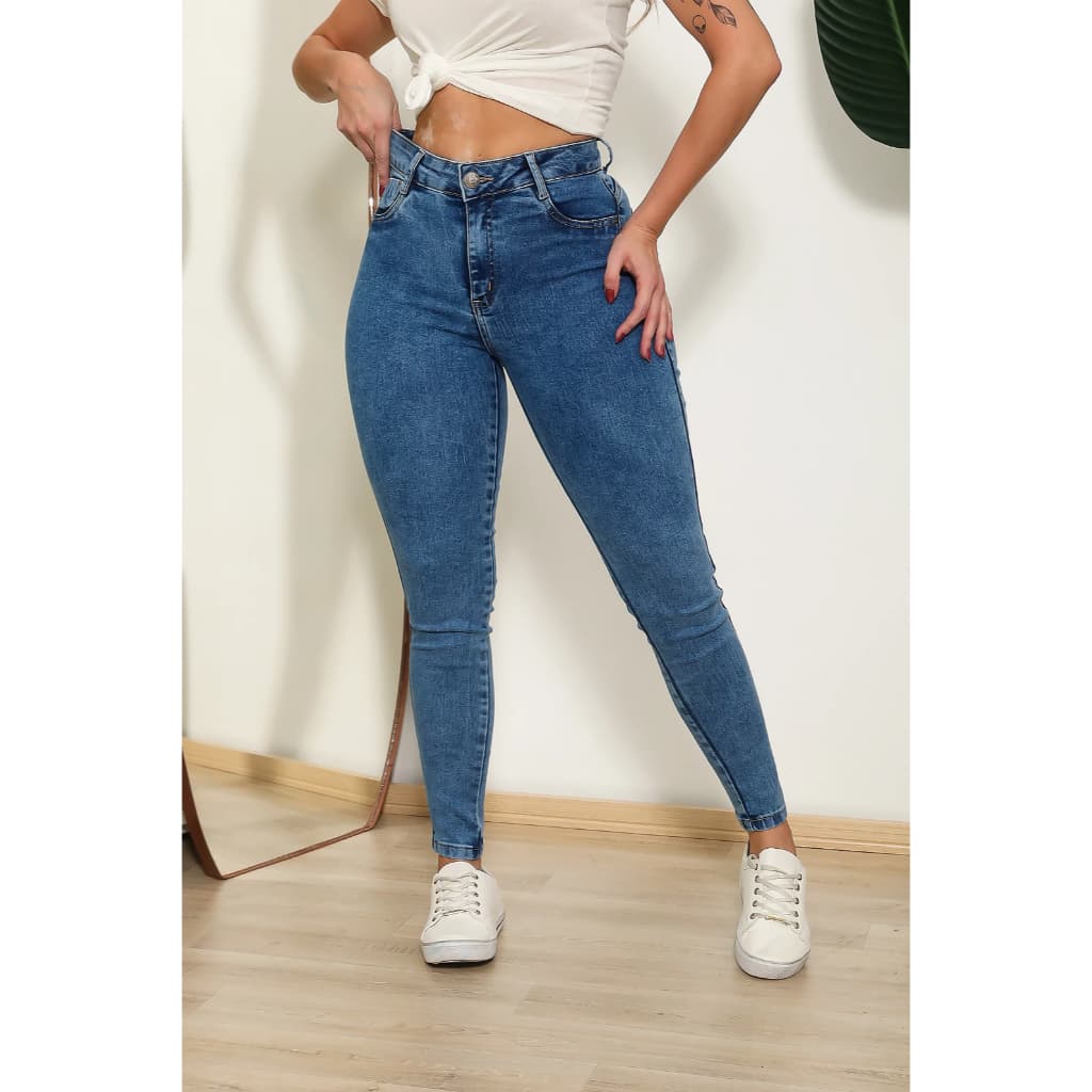 Calça Jeans Skinny Feminina Cintura Alta Marmorizada Levanta Bumbum com Lycra Elastano