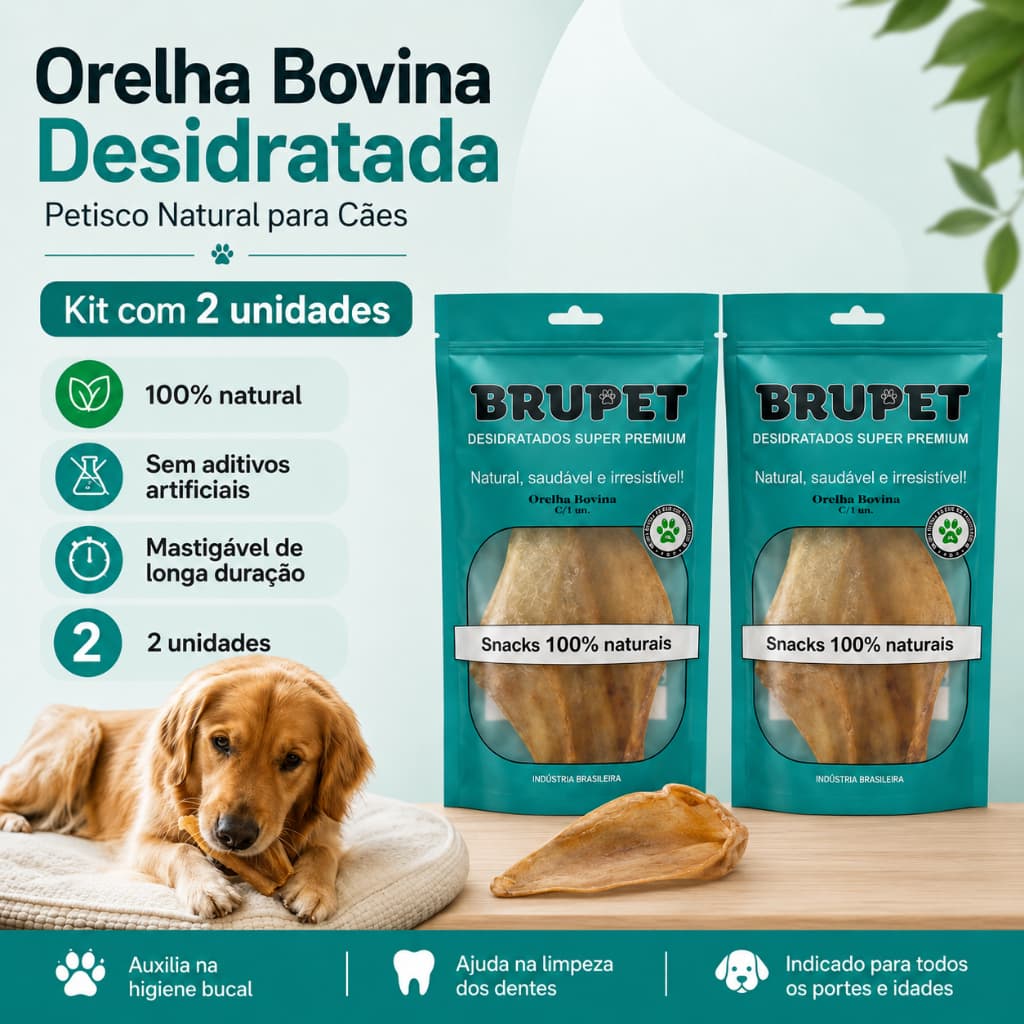 Kit 2un Orelha Bovina Desidratada Brupet Petisco 100% Natural Cães Cachorro Mordedor Pet Unidades