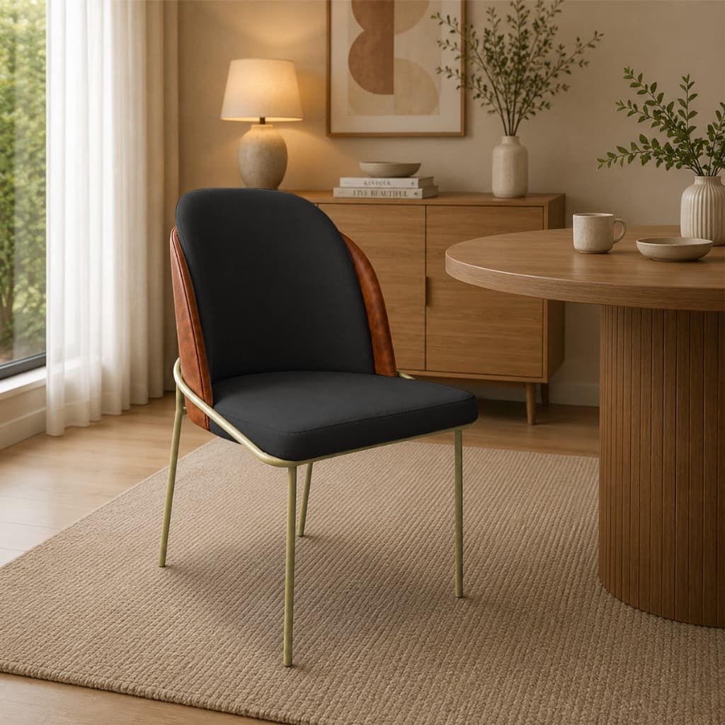 Cadeira Estofada para Sala Decoração Base Metal Dourado Bouclé e Courino Caramelo Confortável