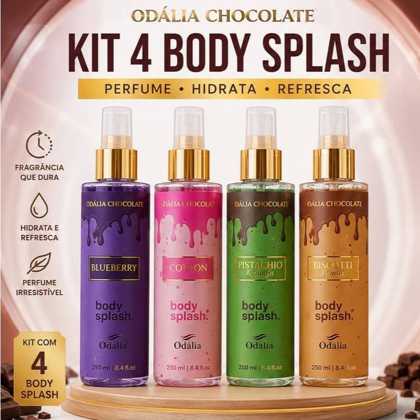 Kit 4 Body Splash Odália Chocolate 250ml Original | Perfume Corporal Feminino Longa Duração | Blueberry, Cotton, Pistach