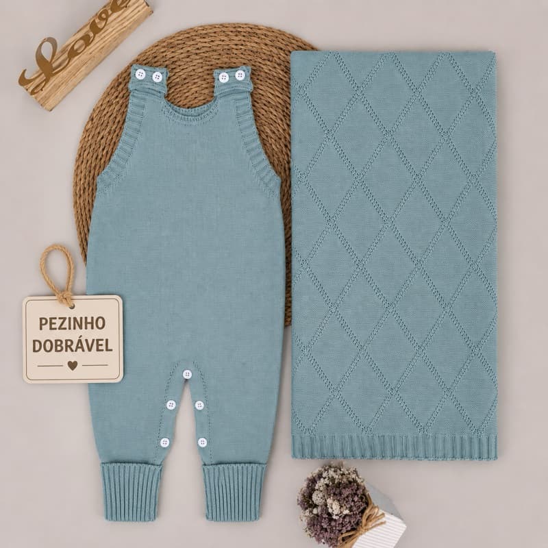 Conjunto Kit Saída de Maternidade Jardineira Romper Body Tricô Manta Losango Menino Menina Tricô Infantil 2 peças