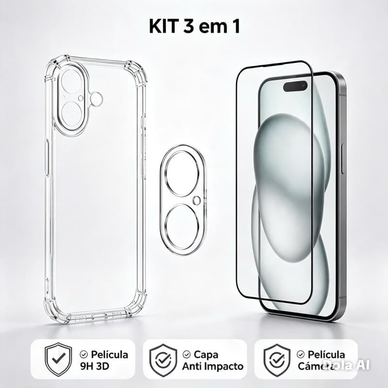 Kit 3em1 Capa TPU Transparente Anti Impacto + Película 3D + Película Câmera iPhone 11 12 13 14 15 16 17 Air Pro Max Plus