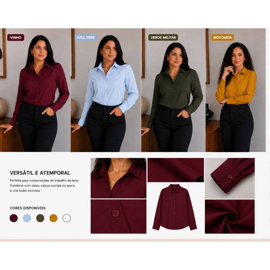 Camisa Social Feminina Manga Longa Elegante Blusa Casual Escritório Moda Feminina Premium