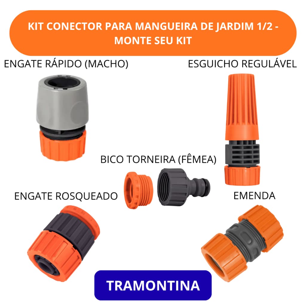 Kit Conector Para Mangueira De Jardim 1/2 Engate Rápido Esguicho Regulável Emenda Rosqueado Tramontina Monte Seu Kit
