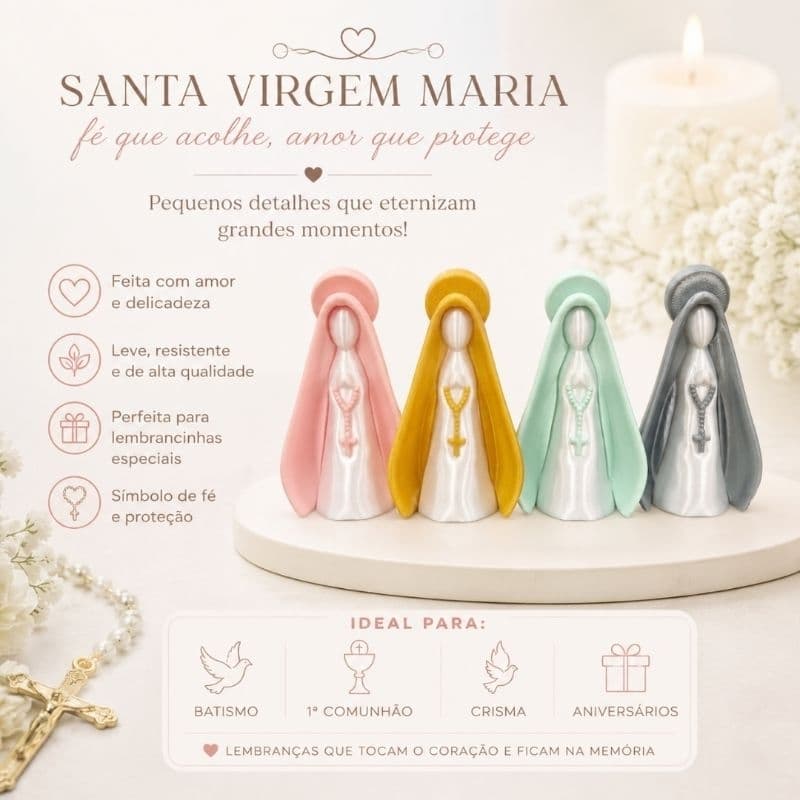 Kit com 10 Santa Virgem Maria Decorativa | Lembrancinha Batizado, 1ª Comunhão, Crisma e Aniversário