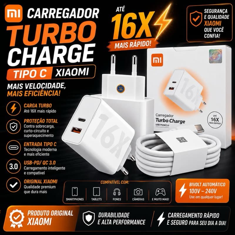 Carregador Tipo C Turbo Carga Rapida Universal Redmi Note e Android eficiência para o dia a dia