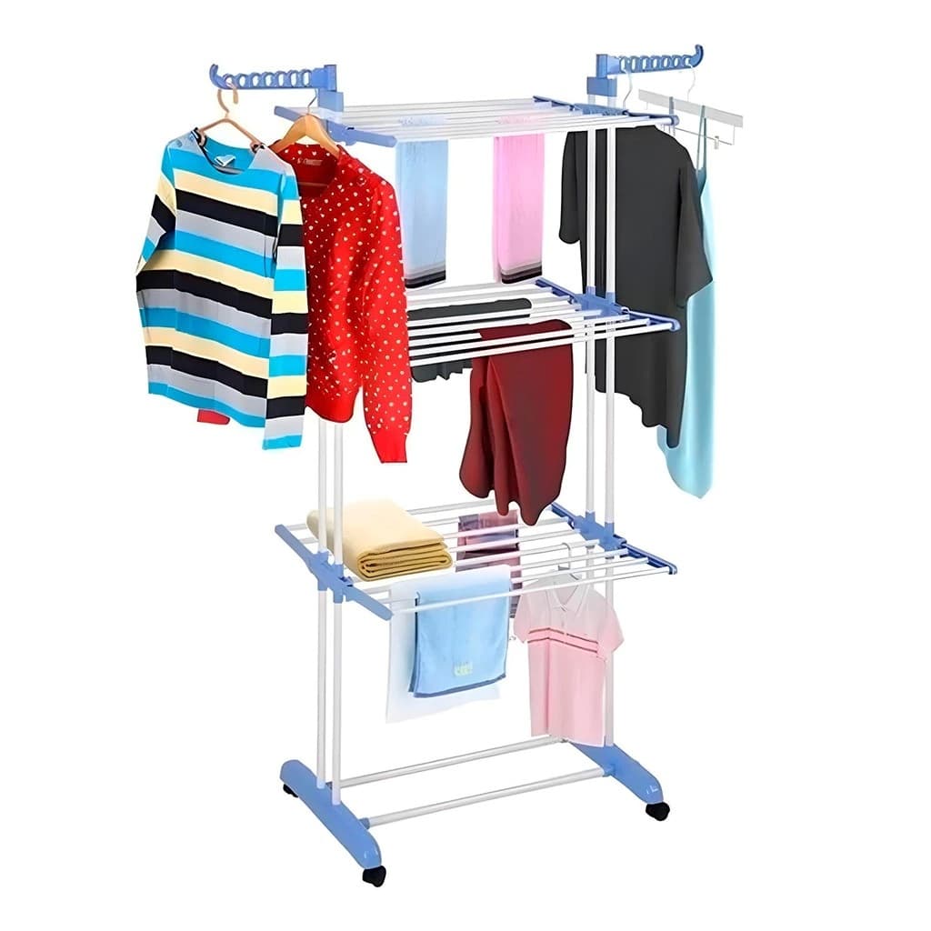 Varal De Chão 3 Andares Roupa Calcinha Dobrável Grade Reforçado com 4 Rodas Portátil e Compacto