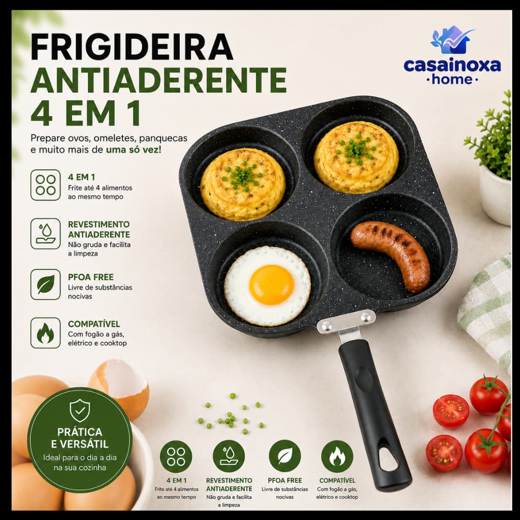 Frigideira Antiaderente 4 em 1 Multifuncional para Ovos Hambúrguer Bacon Panquecas Café da Manhã