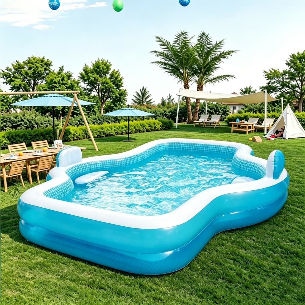 Piscina inflável com encosto para assentos, ideal para família e crianças – modelo reforçado para diversão aquática.