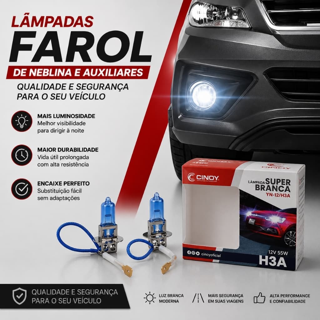 Par Lâmpada H3 8500K Super Branca Efeito Xenon 55W 12V Cinoy Encaixe Padrão