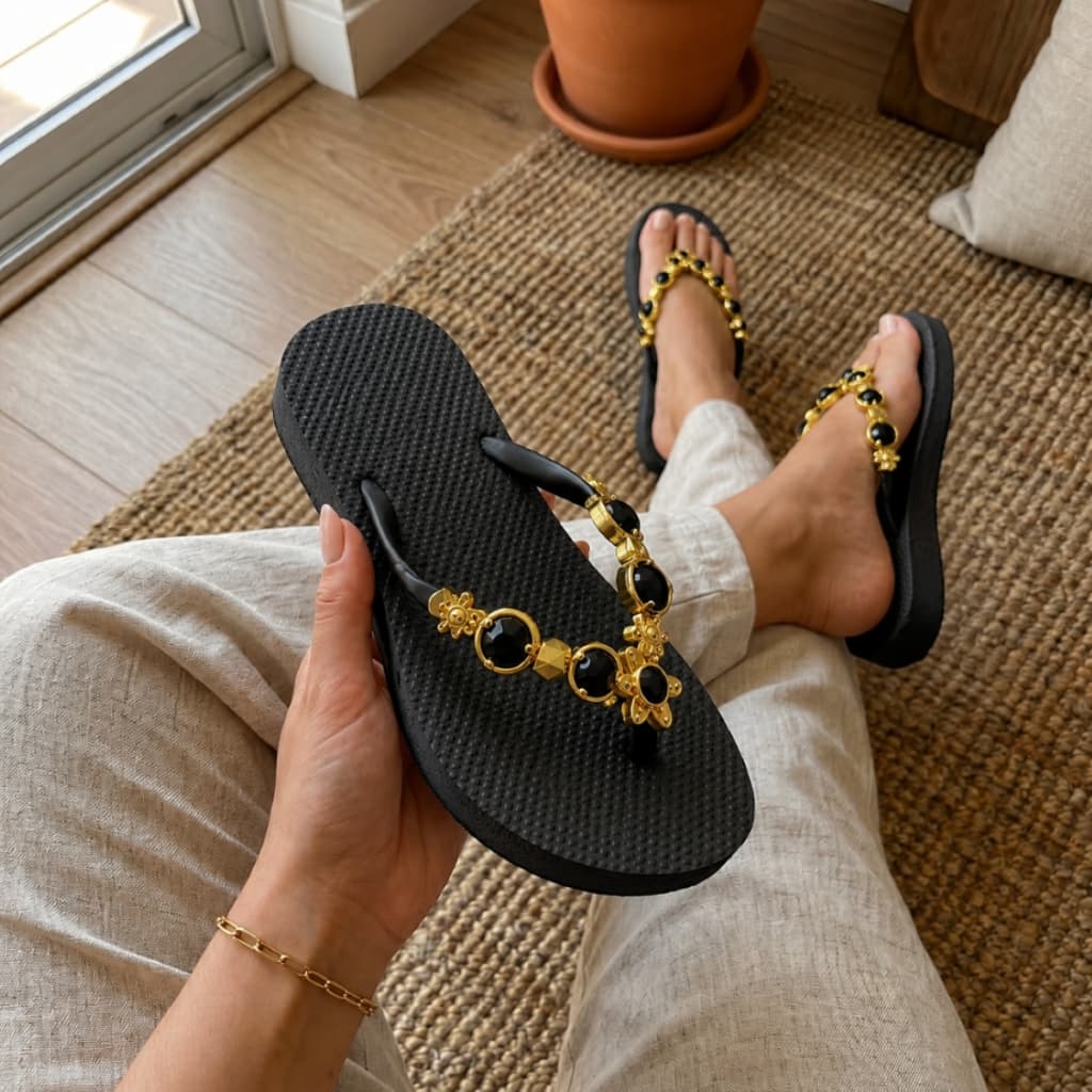Chinelo Feminino Modelo Pedraria Strass E Dourado Confortável E Elegante Para Seus Looks