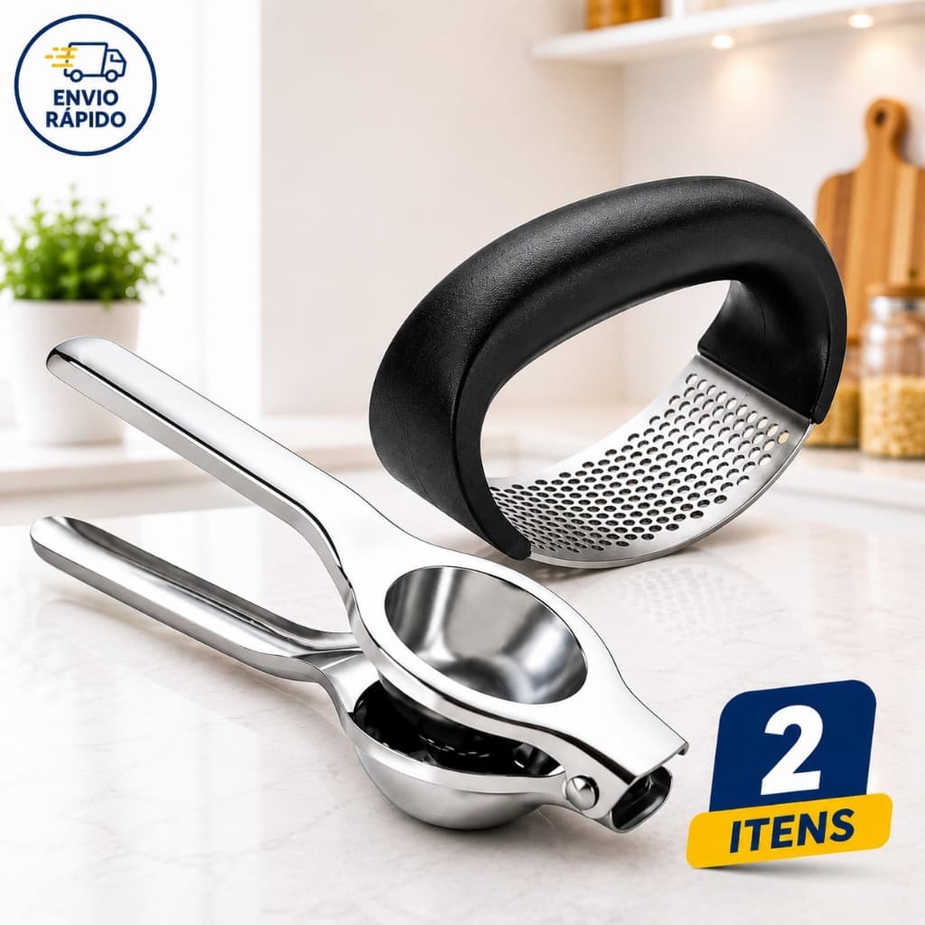 Kit Espremedor De Limão + Amassador De Alho Aço Inox 2 Itens Resistente Para Cozinha