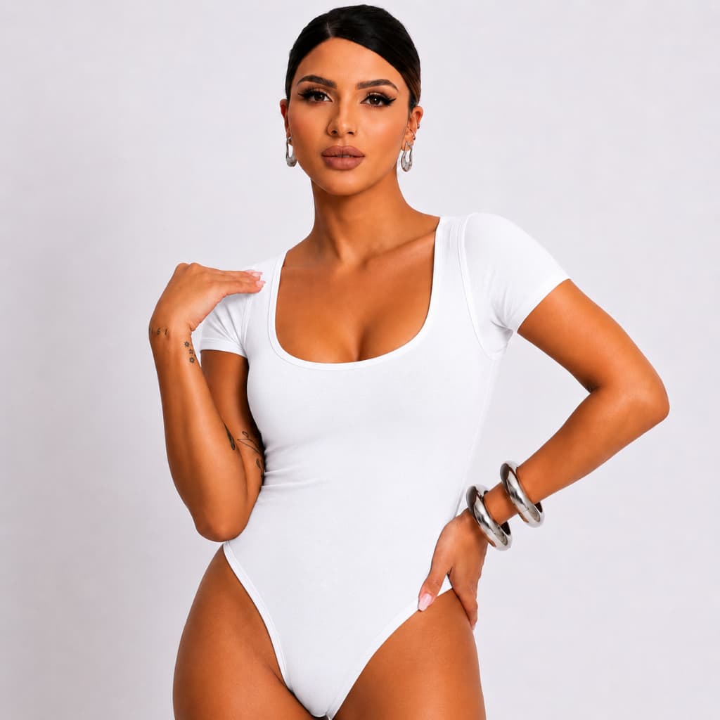 Body Collant Decote Quadrado Feminino com Manga Suplex Elegante Básico Casual.