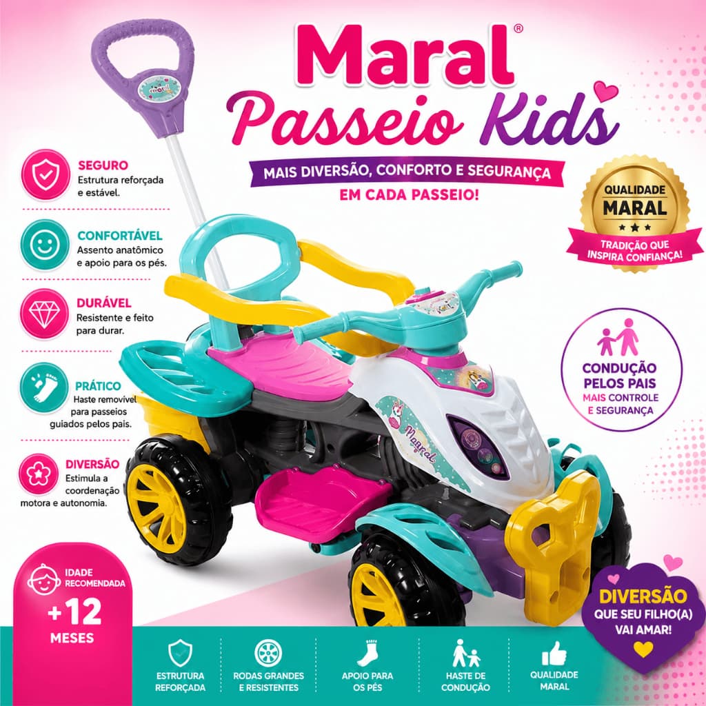 Carrinho Infantil Passeio Quadriciclo Pedal Seguro Confortavel Duravel Rosa Menina