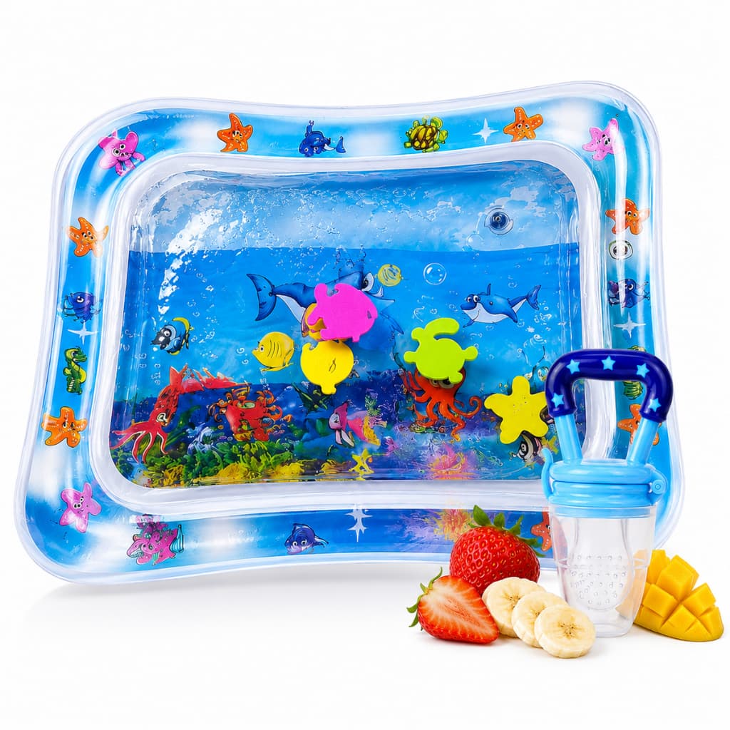 Kit Tapete Inflavel Para Bebê Atividade Agua Almofada Sensorial + Mordedor Frutas Legumes