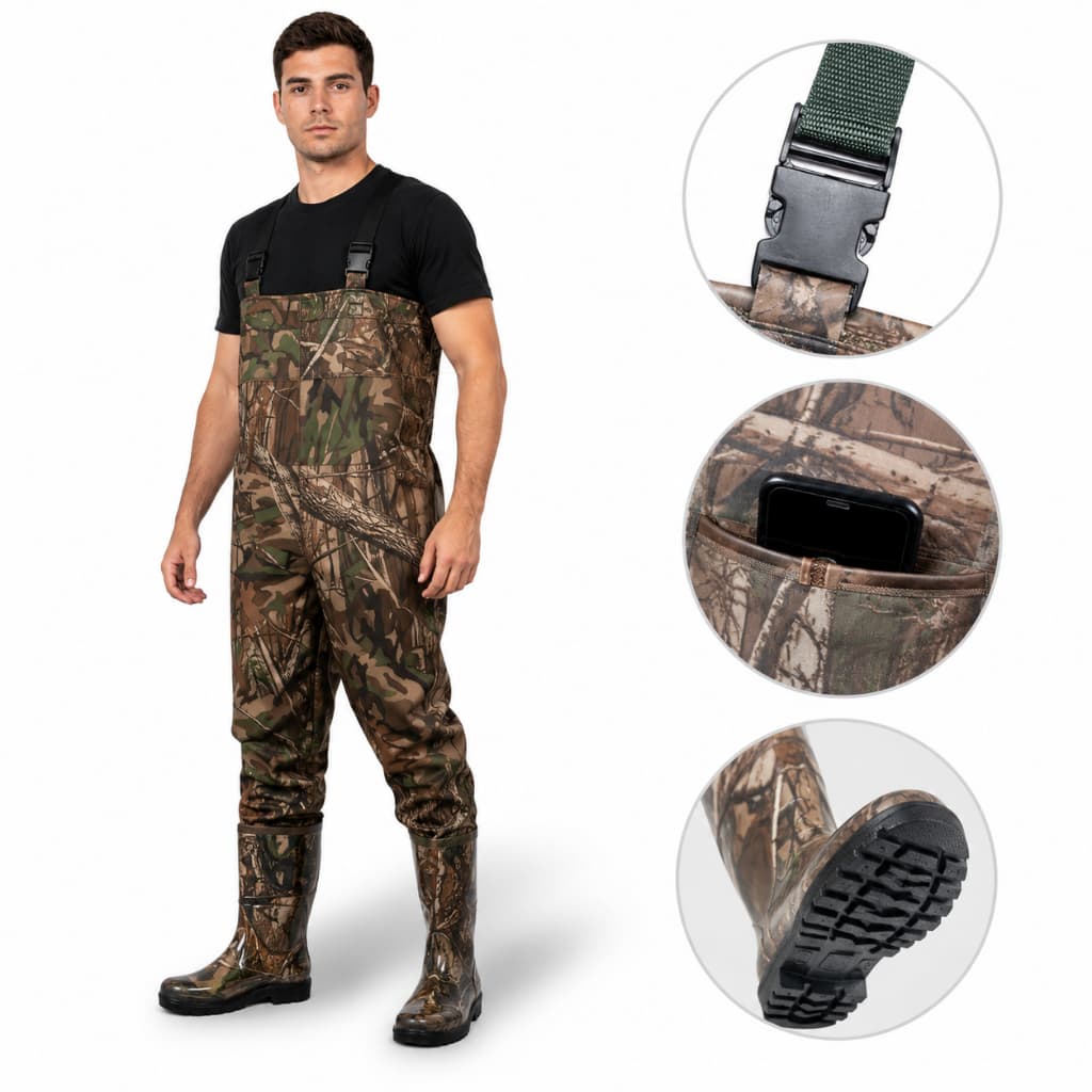 Jardineira Macacão Bota Aclopada Pescador Silicone Camuflada