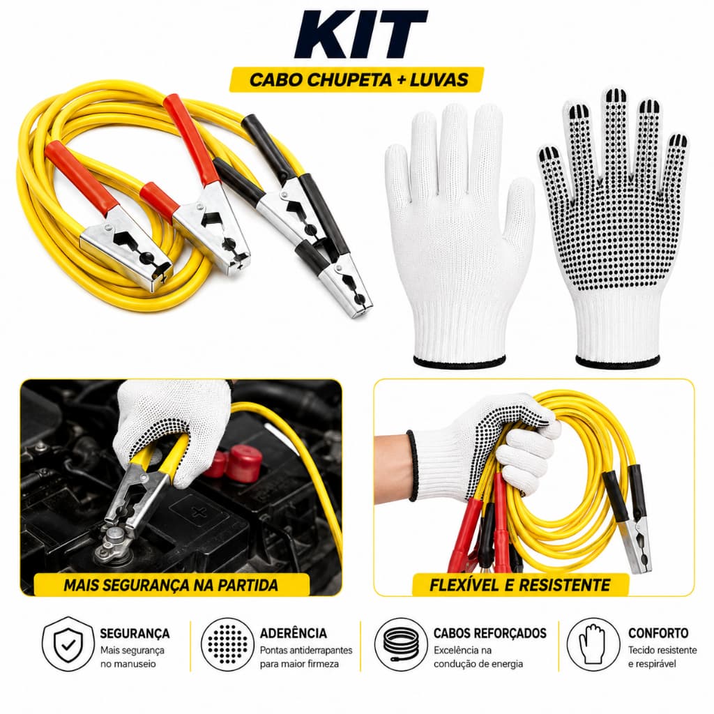 Kit Cabo Chupeta Bateria 300A 2.5m Amarelo Cabo Chato Reforçado + Luva Pigmentada Auto Socorro
