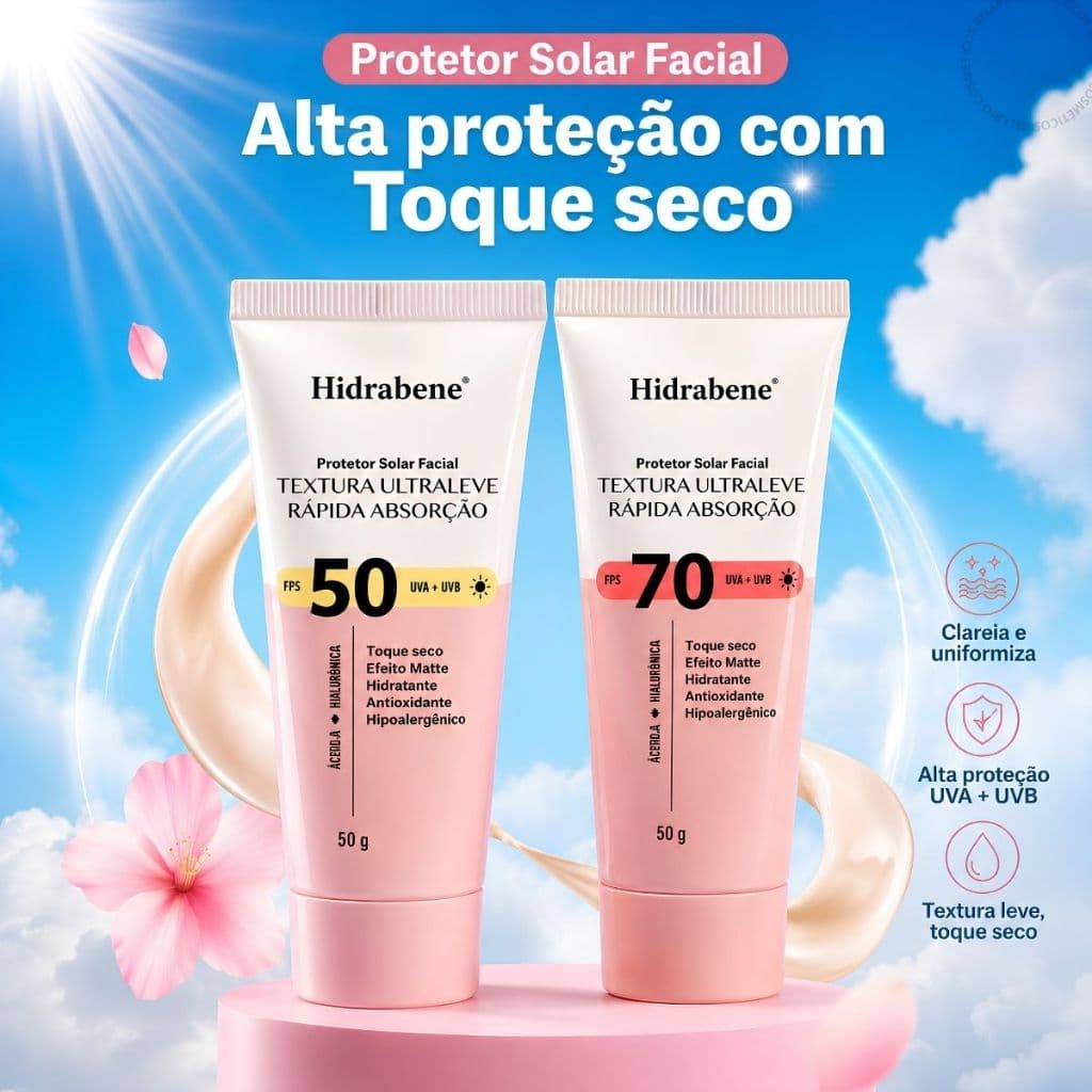 Protetor Solar Facial Alta Absorção Efeito Matte Hidrabene FPS 50 ou 70 50g