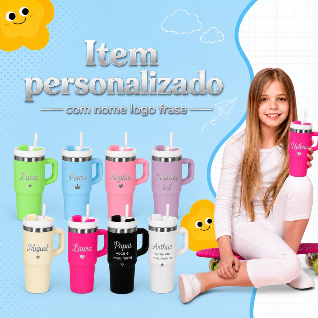 Mini Garrafa Térmica Personalizada Com Canudo Infantil De Inox 420ml Escola