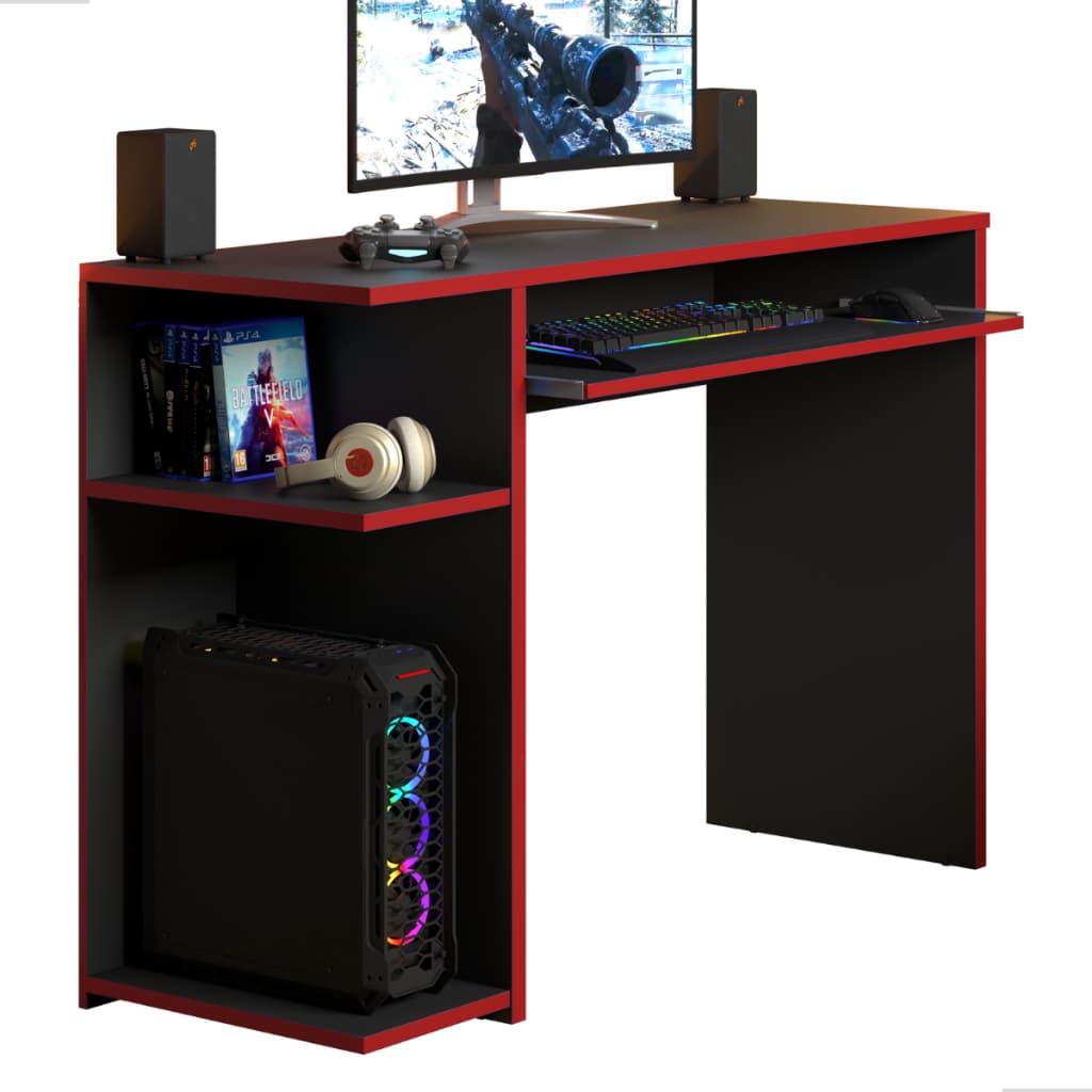 Escrivaninha Mesa para Computador Vermelha com Prateleiras e Suporte para Teclado Home Office