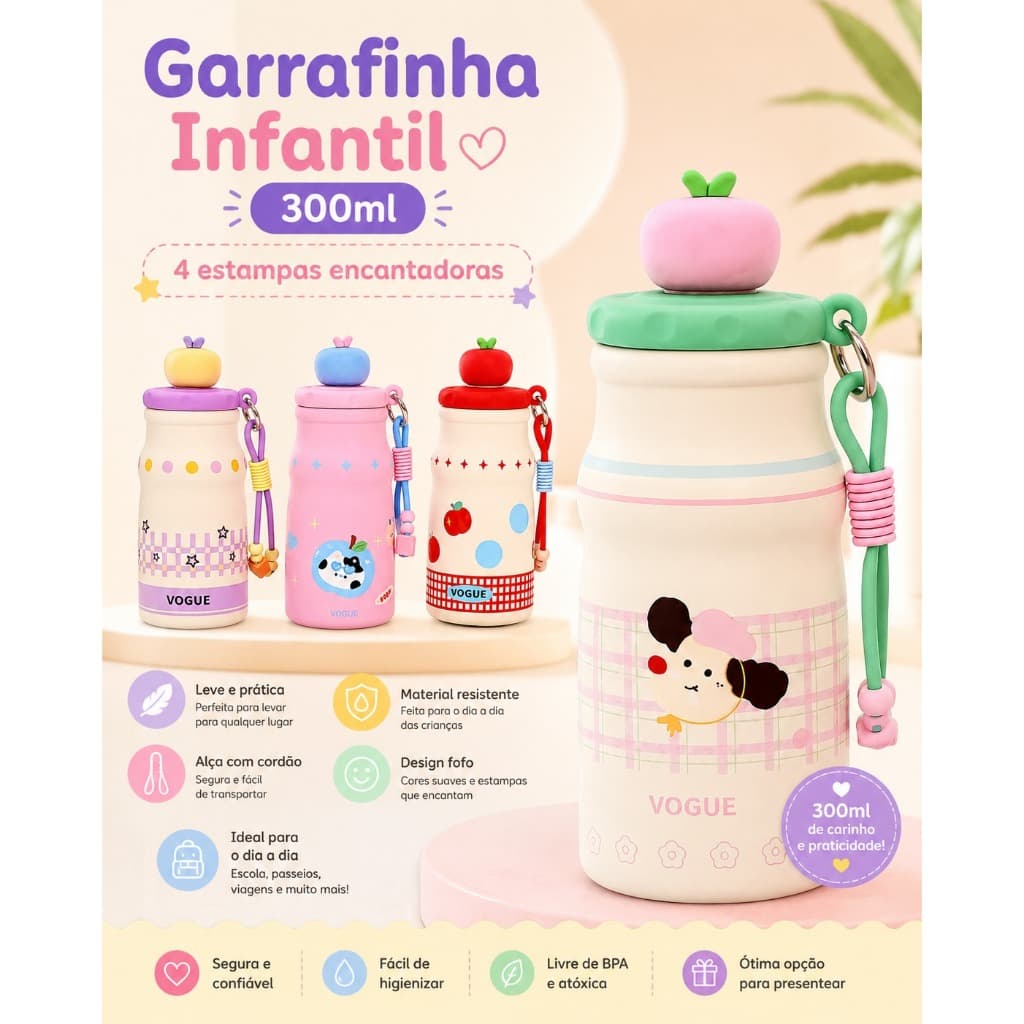 Garrafa Térmica Infantil 300ml Inox com Alça e Tampa Fofa Portátil Copo Térmico Criança Antivazamento